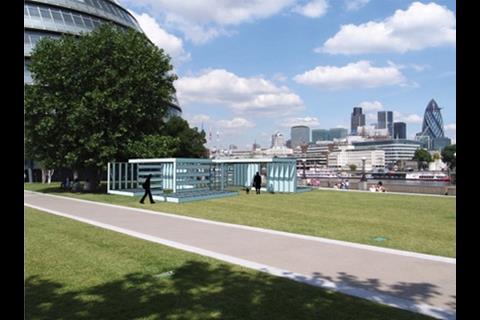 The Powder Blue Orthogonal Pavilion has been designed by artist Toby Paterson to respond to curvy City Hall and Tower Bridge on either side